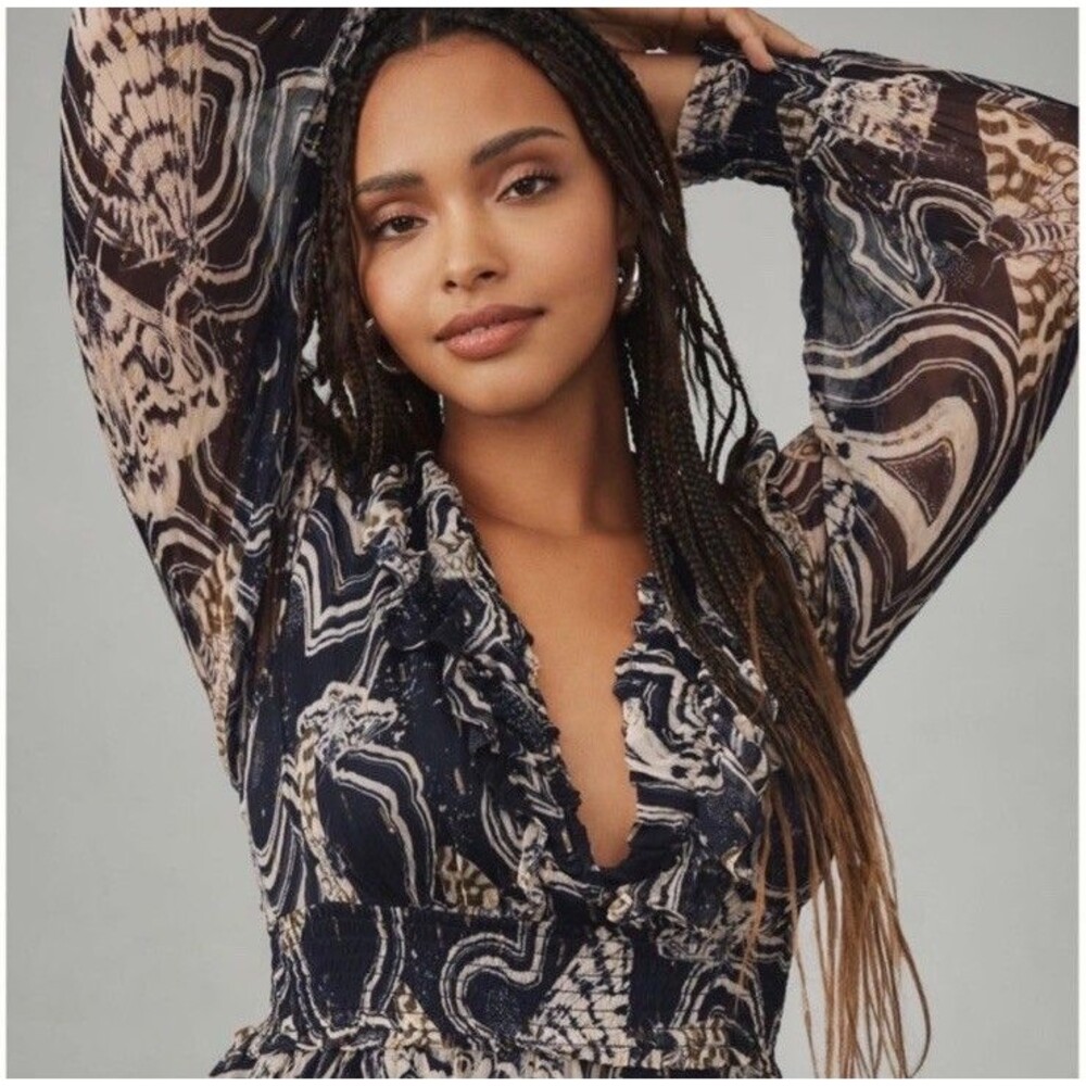 Anthropologie x Printer Johnson Long-Sleeve Textured Midi Flowy Dress Size M